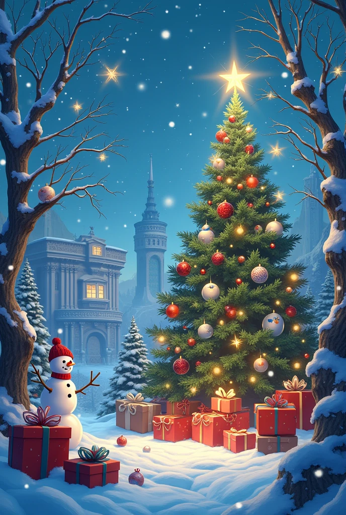 Create an image that showcases a series of holiday-themed scenes inspired by popular video games. Each scene should depict iconic game environments transformed into festive winter wonderlands. Include details like snow-covered landscapes, Christmas trees adorned with game-related ornaments, and characters from the games celebrating together. Add elements such as presents, twinkling lights, and playful snowmen, capturing the joy and magic of Christmas in a vibrant, colorful style. The overall composition should evoke a sense of nostalgia and holiday cheer for gamers and fans alike.