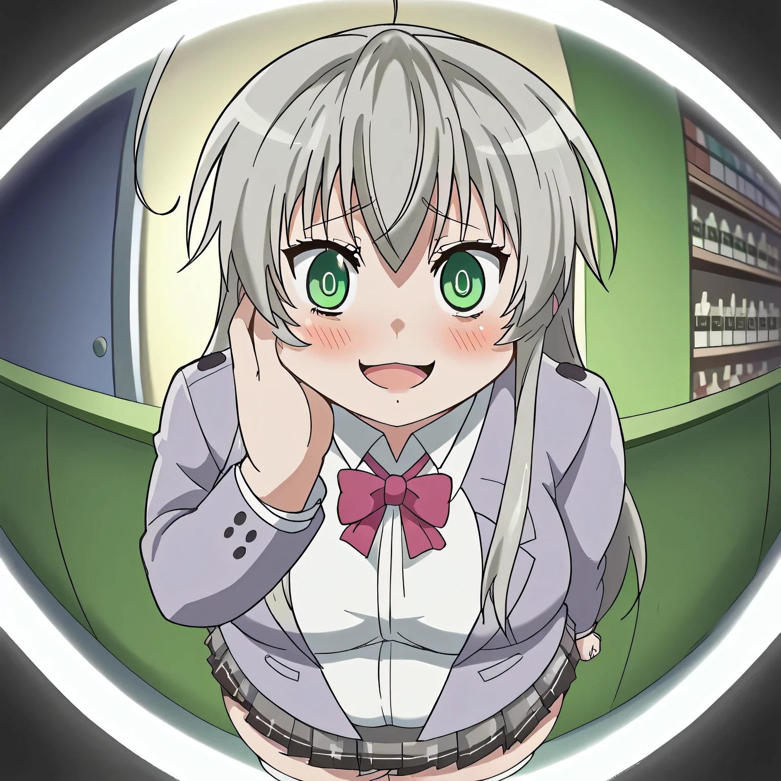 score_9, score_8_up, score_7_up, source_anime, nyaruko, long hair, green eyes, ahoge, grey hair, huge ahoge, nyarlathotep (nyaruko-san), anime screencap, skirt, thighhighs, school uniform, white thighhighs, zettai ryouiki, blazer, plaid, plaid skirt, pleated skirt,, pharmacy, medicine, shelves, counter, health, , pov peephole, peephole, fisheye, round border, peeking, voyeurism, aprtment, yandere, horror (theme), yandere, flourescent lamp,smile, evil smile, blank eyes,, cowboy shot,, looking at viewer, solo,, dutch angle, cowboy shot swollen face, fat, chubby, obese, open mouth, out of breath, absurdres, highres icon, rating:General, confused, blush, {flustered}, nervous sweating, portrait, pov hands, hand on another's cheek, averting eyes, [looking away], straight-on, from above,  upper body, masterpiece, best quality, ultra-detailed, high resolution, 8K, 