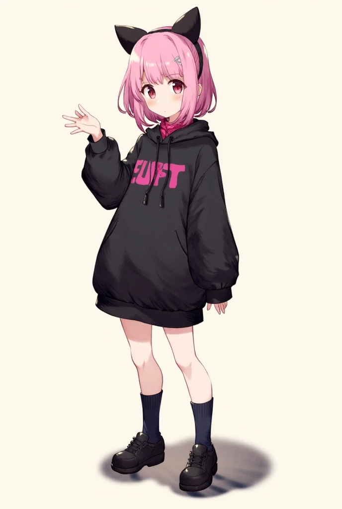 Anime girl (ethnicity:1.1), (age:1.1), wearing a black oversized dress with pink lettering, black cat ears (accessories:1.1),  black shoes, and dark blue socks, (detailed clothing:1.2),  (facial features:1.3): large eyes, slight blush, pink hair, (expression:1.2), neutral expression, (body type:1.1) slender, (pose:1.2) standing, legs apart, Have a chain that covers your chest and back as an accessory, slightly gesturing with one hand, center frame, facing forward, full body shot, clean lines, soft shading, light beige background, digital painting style, anime art style, vibrant colors,  soft lighting.