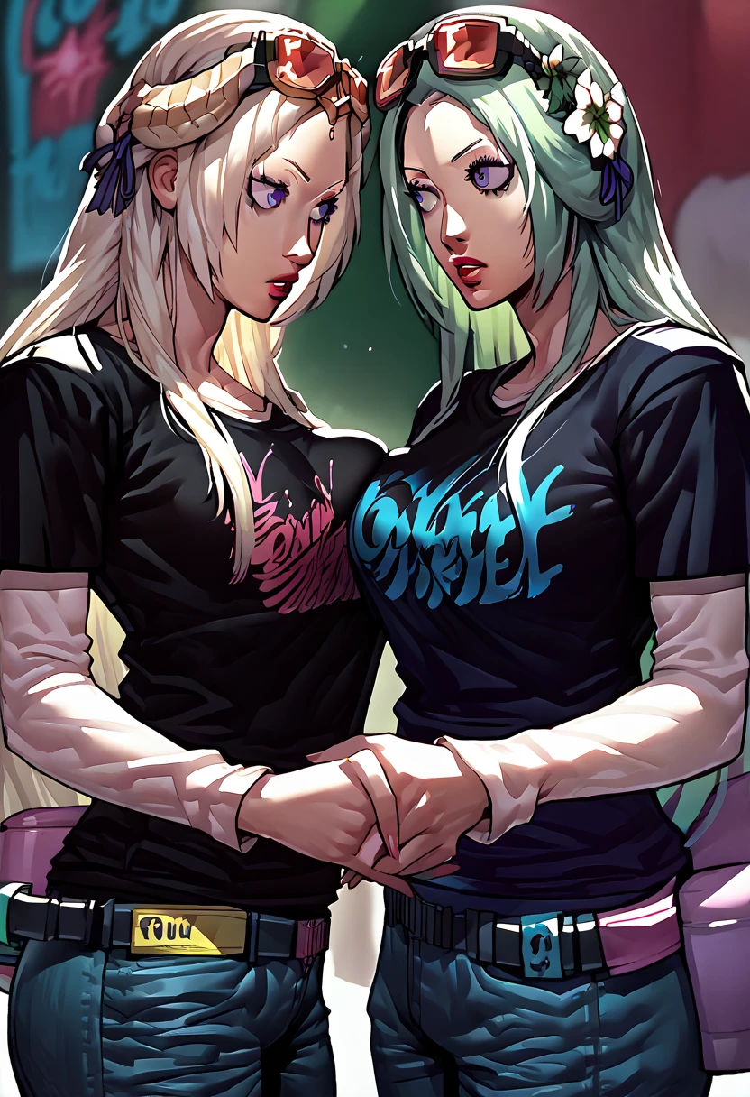 2 girls, sunglasses on head, lipstick, black t-shirt, clothes writing, layered sleeves, large breasts, jeans, Rhea, academy Edelgard Von Hresvelg,