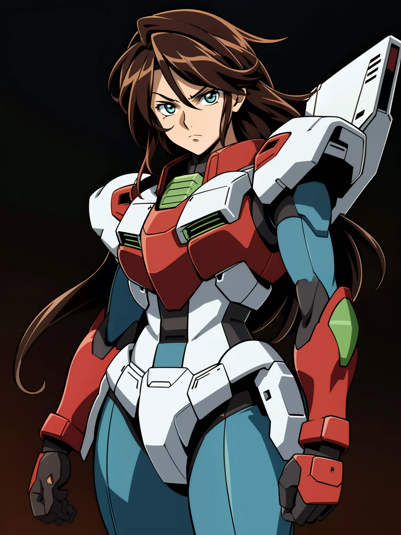 (high-quality, breathtaking),(expressive eyes, perfect face) 1girl, female, solo, adult age, Symmetrical Eyes, simplebackground, long hair, shag hair, busty, nice thighs, portrait, looking at viewer, full body, espada, red green eyes, black hair, red streaks, sprite, facing viewer, looking at viewer, standing straight, cowboy medium shot, armored, Gundam girl, red breastplate, gauntlets, headband, circuit marks all over body, neon tattoos, armored gloves, armored shoulder pads, ROBOTANIMESTYLE, red and black clothing palette, front view, gundam pilot, full plate armor
