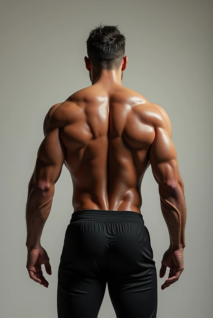 a lean skinny 18-year old shirtless caucasian boy wearing white shorts, undercut black hair, tanned skin, drenched with sweat, sweating profusely, hands above head, showing the back, viewing the back, flexing back muscles, in the gym