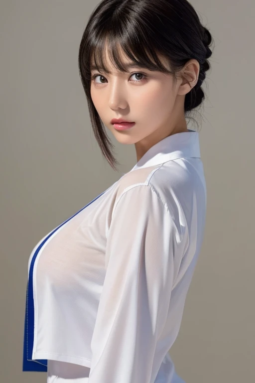 (( top quality, 8k, masterpiece: 1.3)),  sharp: 1.2, Perfect Body Beauty: 1.4,  slim abs: 1.2, (( layered hairstyle , Big Breasts: 1.2)), (濡れた White Button Long Shirt: 1.1), ( nudes: 1.2), Close face: 1.5,  highly detailed face and skin texture ,  beautiful eyes,  double eyelids in judo uniforms,  camera view from side