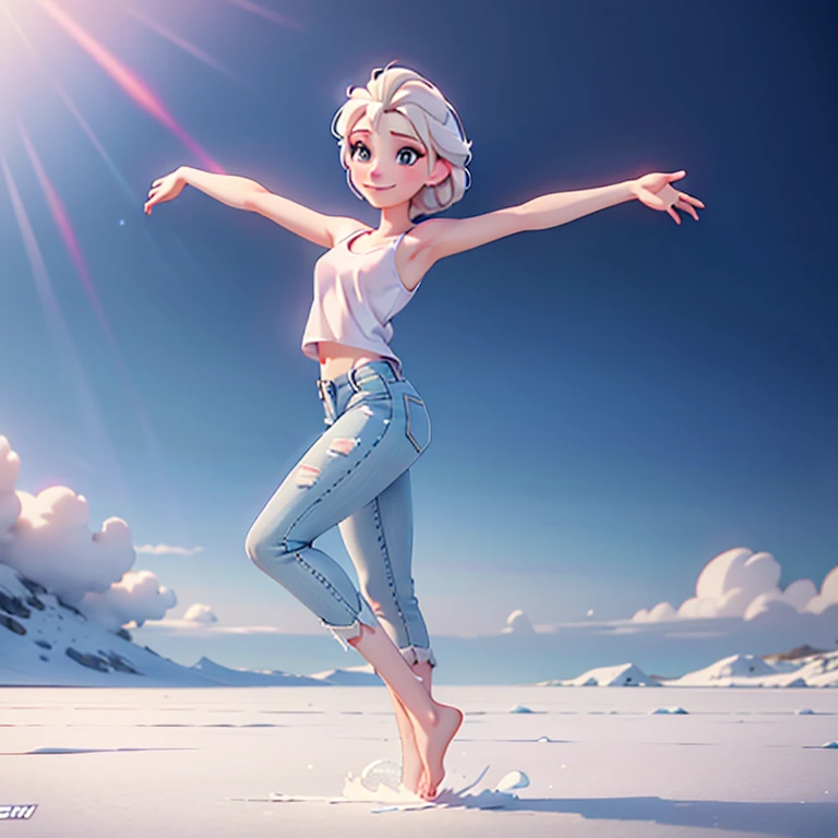   Elsa from Frozen walking across an extensive frozen plain,  white tank top without print , short jeans azul, barefoot, arms stretched out to the sides ,  looking forward ,  looking at the spectator, smiling, seductive