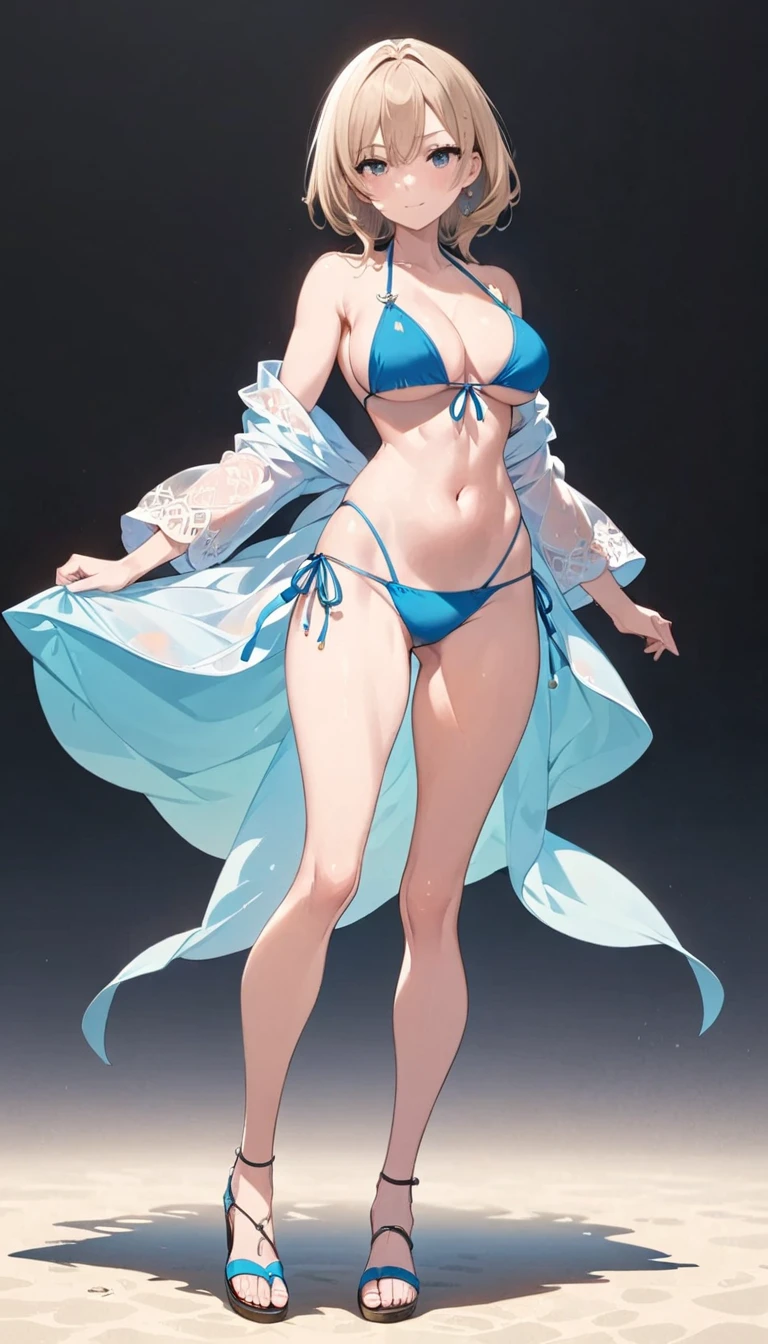 masterpiece、highest quality、super delicate、4K、1girl、blonde hair、parted bangs、short ponytail、Blue eyes、Full body figure、white background、healthy and 、open leg、white panties、pan、wide shanding posture、Facing forward、A shy smile、topless、No clothes、Completely naked、Wear nothing、Pantnly、Attractive pant