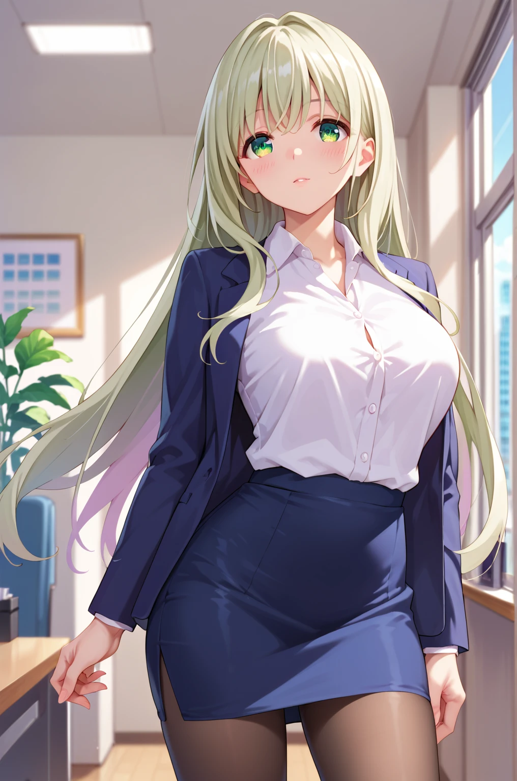 masterpiece, best quality, 8k Ultra HD, extremely delicate detailed, nonomi izayoi, cowboy shot, shoot from front, solo, beautiful face, light green eyes, (finely detailed eyes, beautiful eyes), large and beautiful breasts, (long hair, pale Ivory hair), blush, standing, business suit, white shirt, pencil skirt, pantyhose, office,