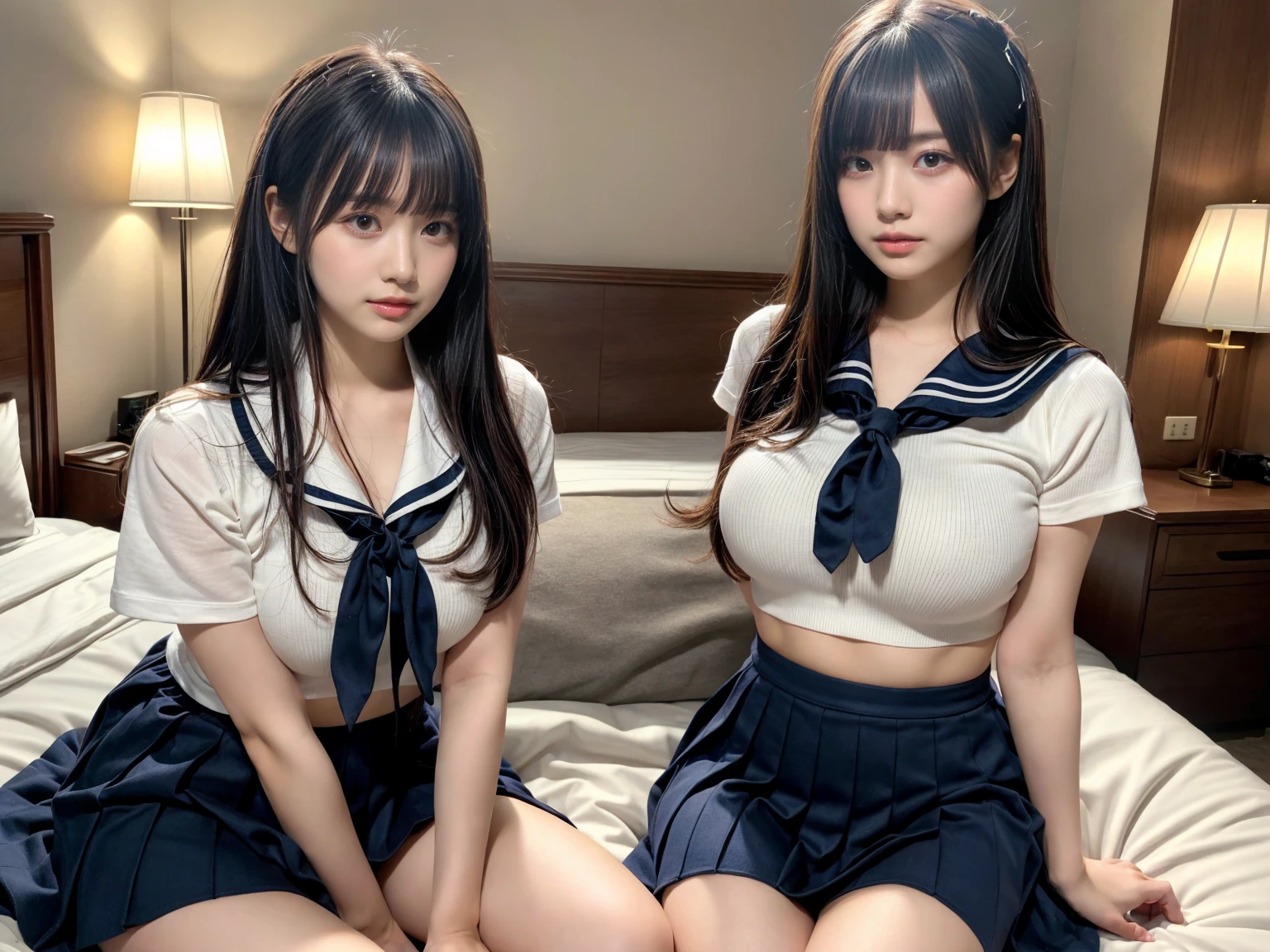 8K, RAW portrait of ,masterpiece、Photorealsitic:1.3、photographrealistic, 超A high resolution, Best Quality, Real life photography ,( At night :1.1),
(2 girls:1.3), (((Two girls showing off their nipples in the bedroom late at night:1.3)))、(kawaii faces:1.4)、Two very cute Japanese girls,((Japanese high school girl))、((Realistic Schoolgirl))、((School uniform、Cardigan、Plaid pleated skirt、a bow tie))、 Long hair,,Slender body,、inside in room、
Big beautiful detailed eyes, Black hair、 ((dark-brown eyes:1.5))、(Authentic skin texture:1.3)、(Immersive atmosphere:1.05、Chiaroscuro:1.3) 、(looking at viewert)、Looking at the camera、Look at viewers、((embarrassed from:1.5))、(A smile:0.85)、((Reddened cheeks:1.3))、((Ceiling from below:1.2))、(The body is facing the camera:1.5)、(Open Shirt:1.1)、((Nipples sticking out of shirt,,))、((Show bust top))、((cowboy shot))、(((small tits)))、(((tiny chest)))