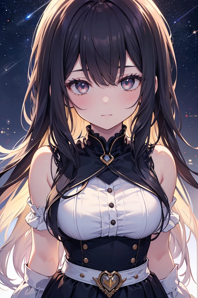 masterpiece, best quality, illustration, 1girl, upper body, Gothic dress, cute face, lonely, night sky with stars and moon, longhair, {{{{{topless}}}}}, nsfw, nude