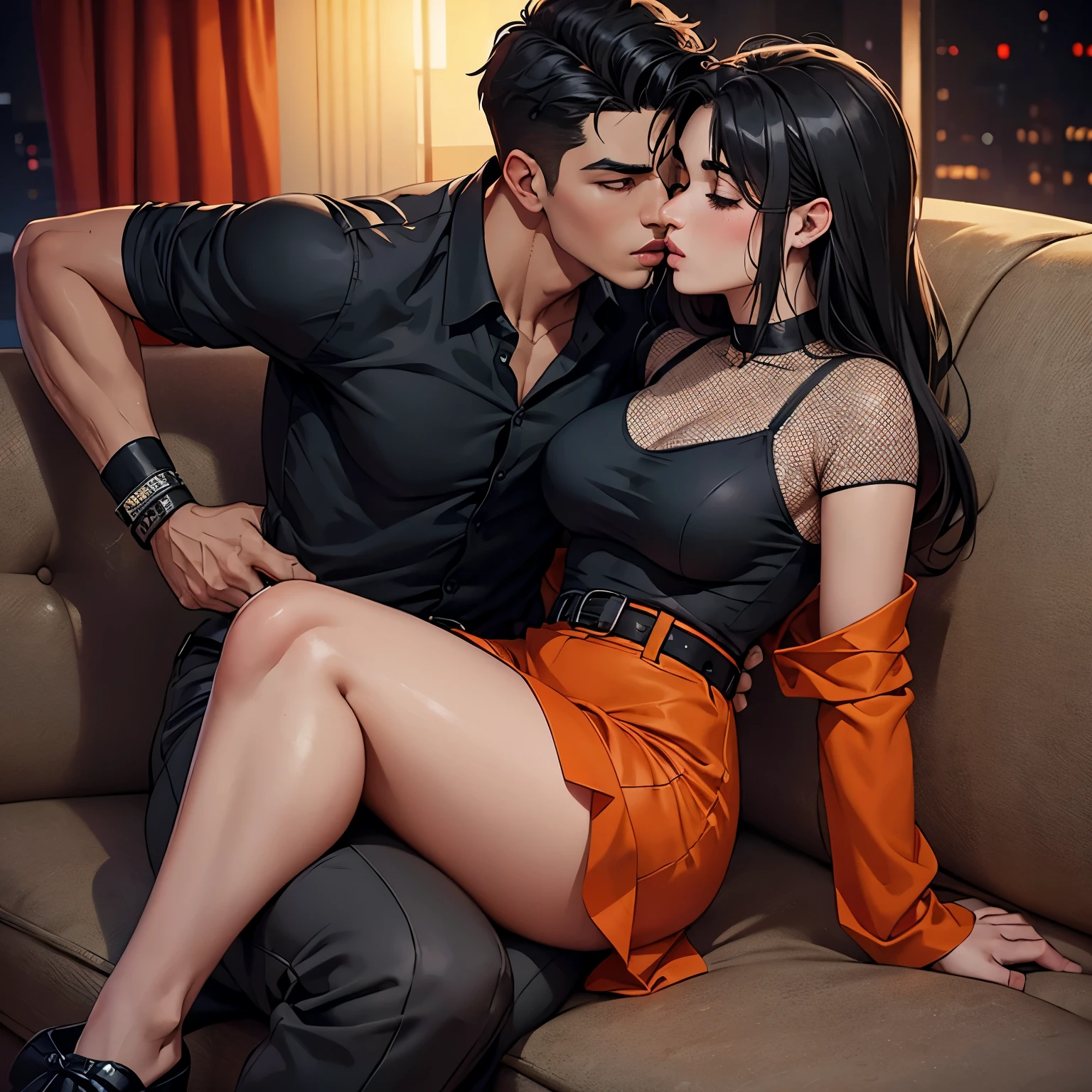 A photograph taken with a Nikon D700 and a 50mm lens in a dark corner of a room. A woman kneeling with an expression of tranquility and trust. A man approaches her with a firm look and a soft voice, guiding her every movement with care. The scene depicts a dance of trust and desire, highlighting mutual surrender and respect in a shared space. The lighting is dim and warm, emphasizing the emotional connection and intimate setting