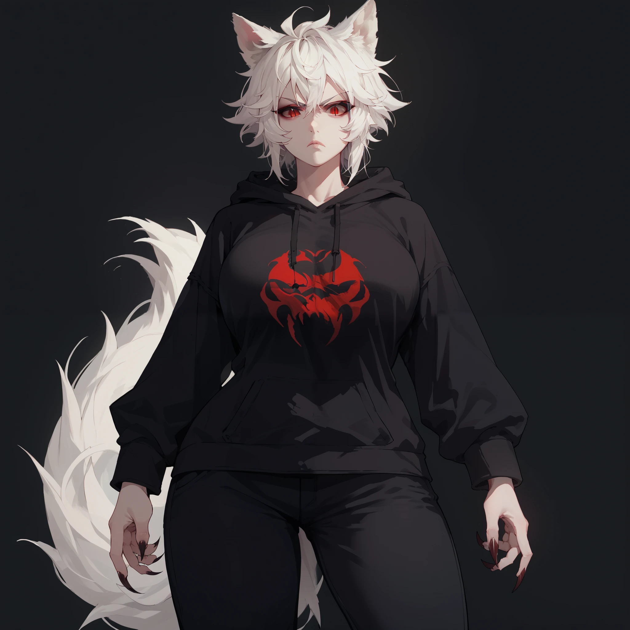 1girl, solo, short messy white hair, red eyes, slit pupils, sharp nails, wolf tail, wolf ears, big breasts, wide hips, thighs, black hoodie, black baggy pants, serious, standing, looking at viewer, simple background, from the front view