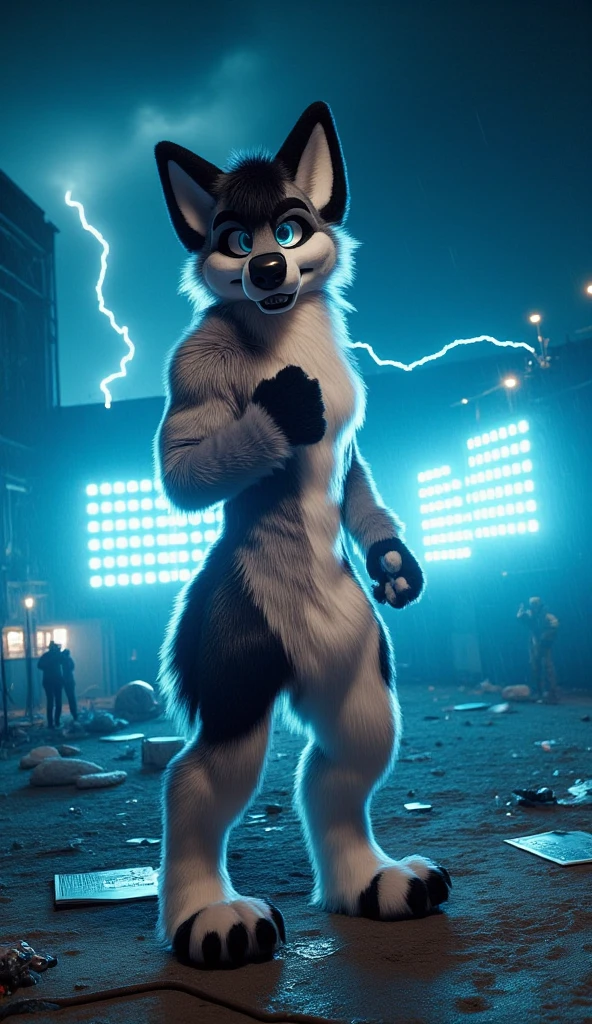 A hyperrealistic 3D render of a fursuit werewolf male muscular standing resolutely in the middle of a grey blue Lunar base with viable craters, the sky is dark, filled with ominous clouds and flashes of blue  lightning that illuminate the wolf's powerful frame. His fur is a mix of light grey and white with the storm’s fury creating dramatic reflections on his sleek coat. The wolf's eyes glow piersingly blue, his expression unwavering and fierce as the wind howls around him. The environment is chaotic, with debris swirling in the wind and rain falling in torrents, but the wolf stands his ground. The scene is rendered in Ultra HD 8K, with cinematic realism and photorealistic details, capturing the intensity of the storm on the Lunar base and the fierce energy of the wolf. The CyberRealistic lighting amplifies the contrast between the wolf’s dark form and the flashes of lightning, making the character stand out against the chaotic background