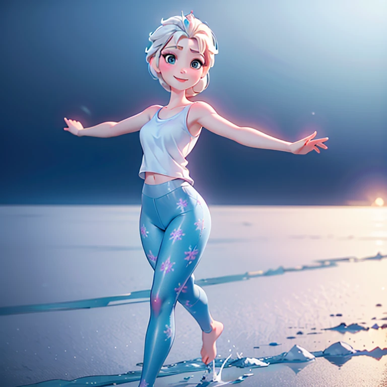   Elsa from Frozen walking across an extensive frozen plain,  white tank top without print , Blue Leggings, barefoot, arms stretched out to the sides ,  looking forward ,  looking at the spectator , smiling, seductive