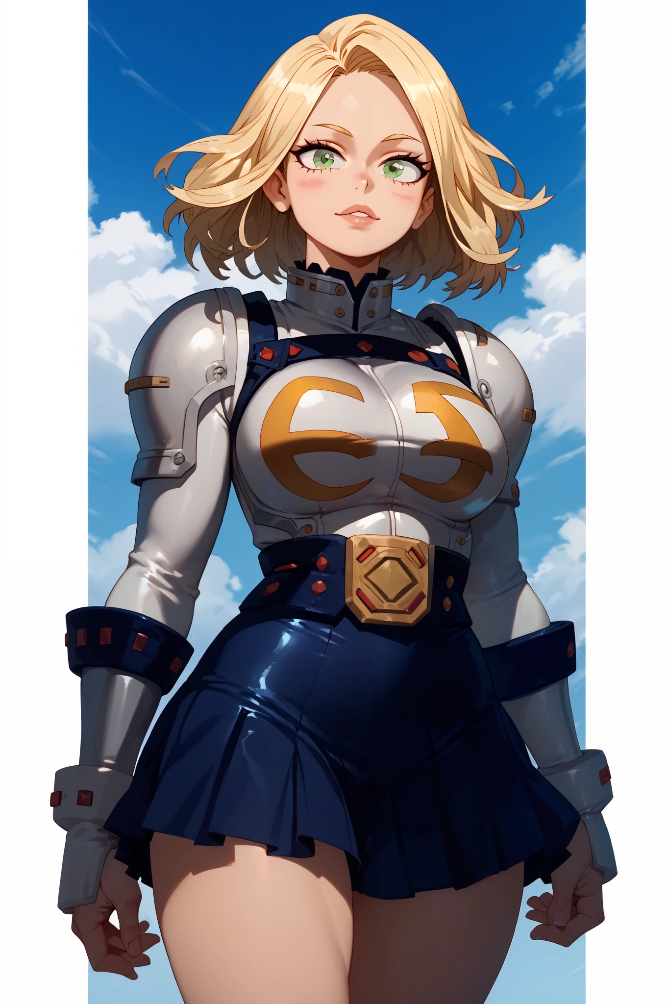 a woman, blonde hair, green eyes, front view, high definition, pretty face, silver ancient skinsuit armor, dark skirt, sky in the background, my hero academia style HD, 4K