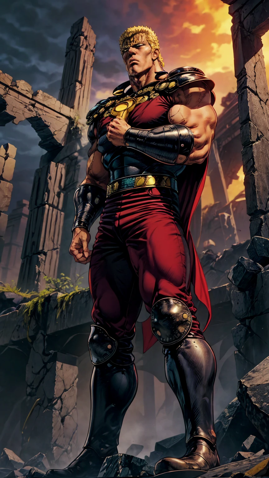 8K images、Man Standing 、Raoh from Fist of the North Star(:1.5)、doping    、 muscular、 Leather Armor、 black leather long pants pants   、pocket、   red cloak is popular 、 leather boots、The face of hatred 、  (((Open your eyes wide and stare at me ))), Slightly glowing eyes  、In front of the ruins、Storm Background、     standing with legs wide spread     、   flashy action pose   、Full body exposure  、   Overflowing Fighting Spirit   、 Battlefield Ruins 、  Wear Your Aura  、 Cross your arms(:1.5), Mythical Picture 、Action Star 、Promotional photo