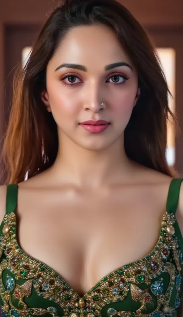 a woman wearing an open shirt with a deep plunging neckline, extremely detailed, beautiful face, striking eyes, luscious lips, intricate fabric texture, cinched waist, graceful pose, dramatic lighting, vivid colors, photorealistic, (best quality,4k,8k,highres,masterpiece:1.2),ultra-detailed,(realistic,photorealistic,photo-realistic:1.37)