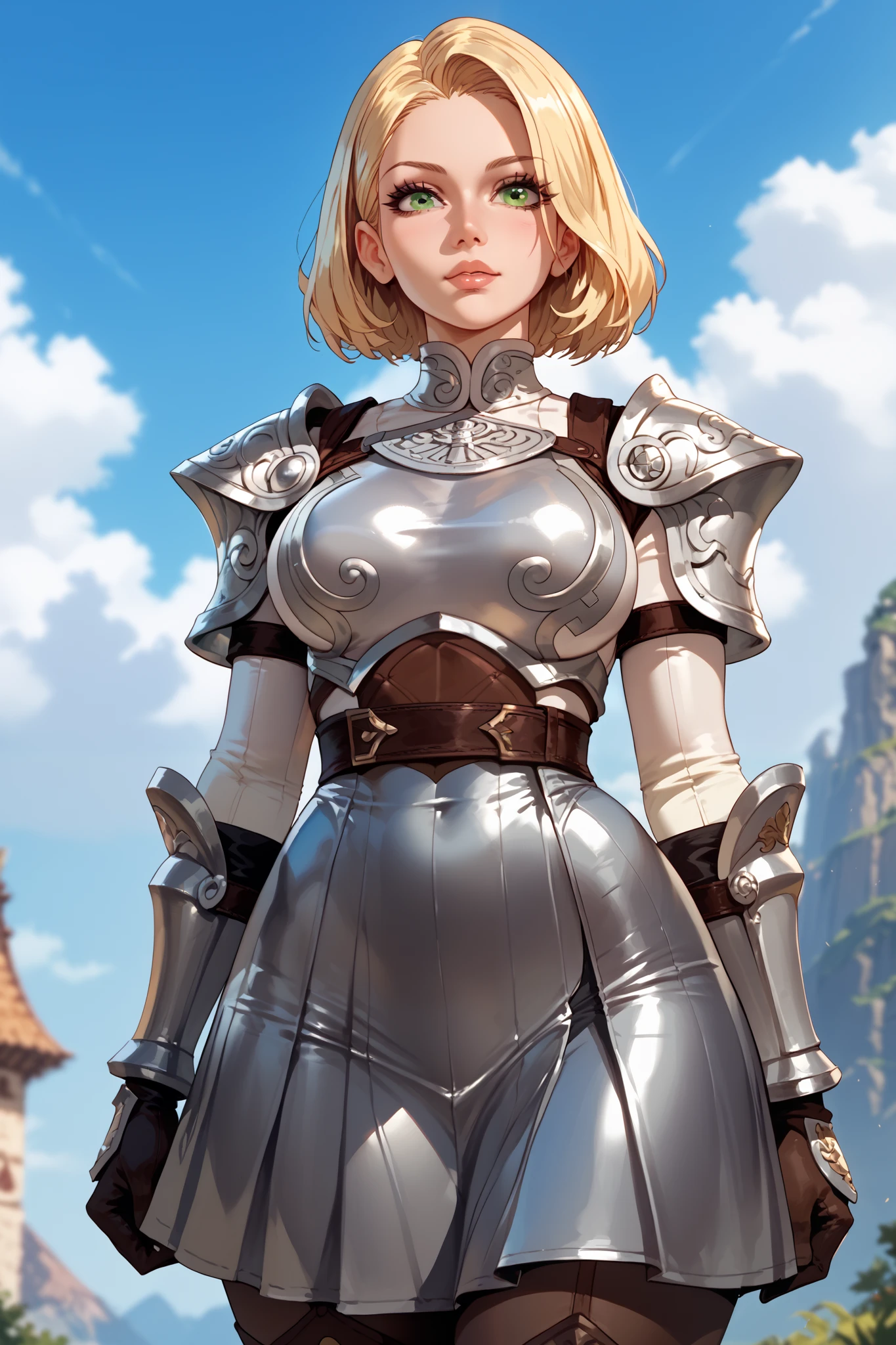 a woman, blonde hair, green eyes, front view, high definition, pretty face, silver ancient skinsuit armor, dark skirt, sky in the background, snk style HD, 4K