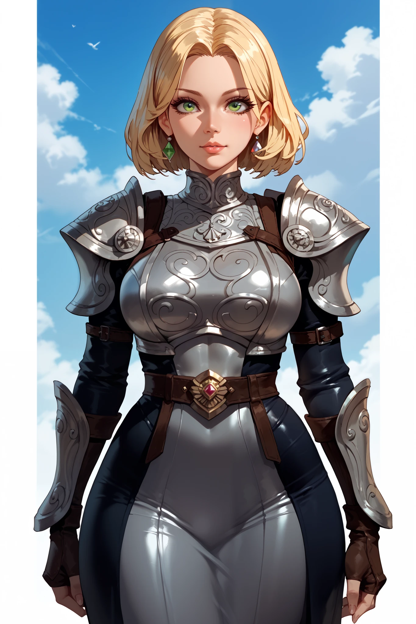 a woman, blonde hair, green eyes, front view, high definition, pretty face, silver ancient skinsuit armor, dark skirt, sky in the background, snk style HD, 4K