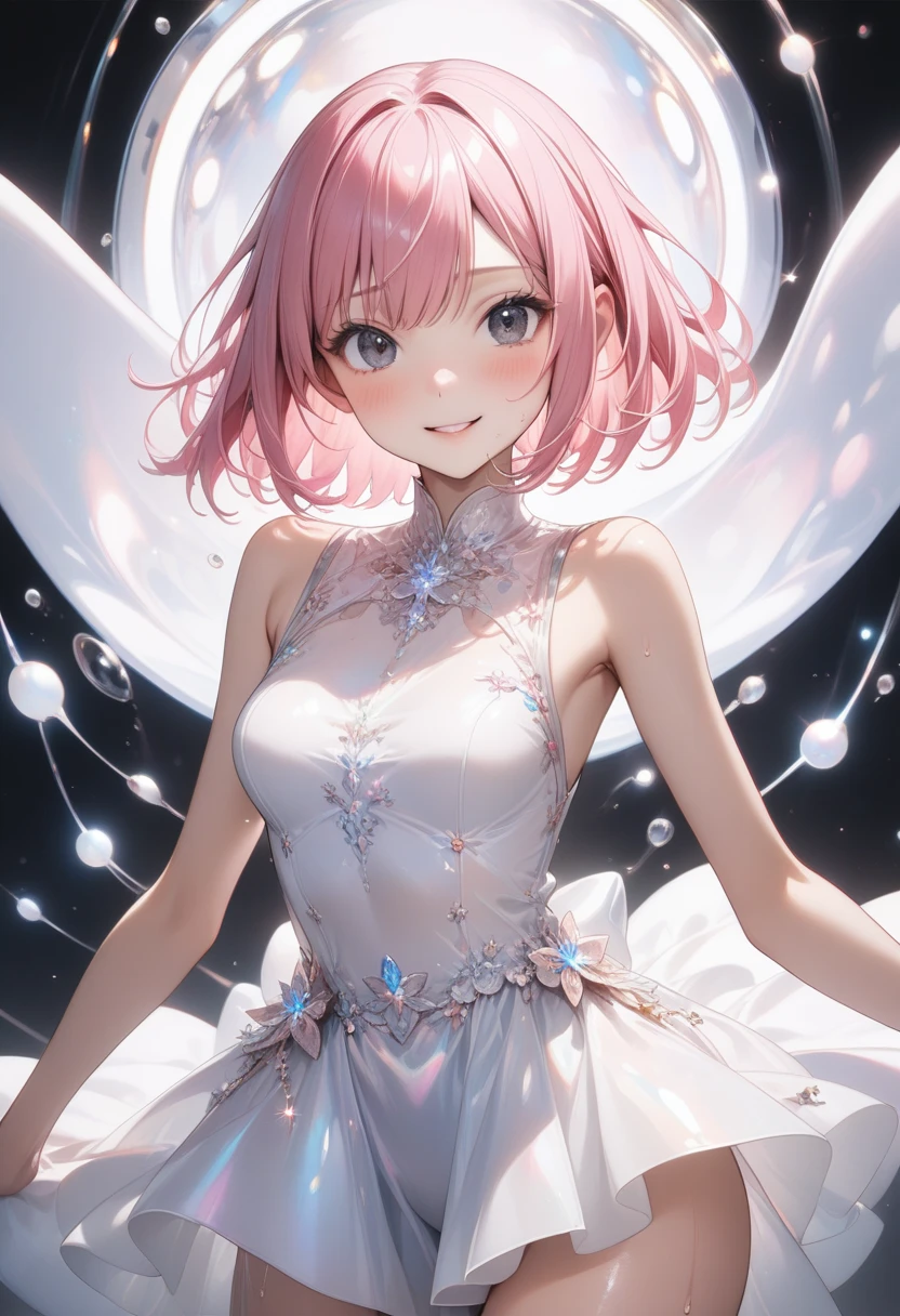 Very detailed CG Unity 8K wallpaper, Cute One lady, Mature hair、lady ,beautiful lady, pale skin (Super masterpiece, Beautiful person, well detailed face polluted smile, Photorealistic, hyper realisitic),
(Pink gorgeous dress:1.7)、 smile、
Japanese background with light pink flowers and snow、Portrait、
(ref Eyes)、(flat chest:1.4)、(Glowing Skin:1.7)、Detailed eyes、Big eyes、Open your mouth、Hide your arm、