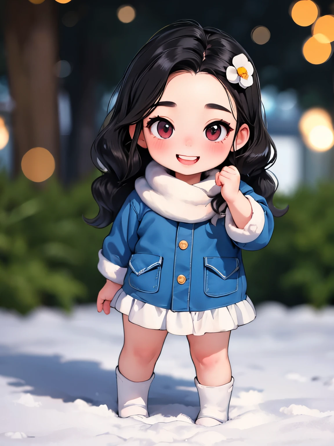 ( masterpiece ), ( top quality)， One， playing with little dolls outdoors， Full Body Portrait， very young ，Young mother and her cute little daughter ，Very short ， Toddler Temptation  ，  thin thighs ， black hair，teeth，  smiling so happy ，Chibi，  very small cute baby  、  has  ，  photo taken from the front 、Strong bokeh，Winter park garden ，Snow Scene， Accurate and Detailed Female Fingers  :1.2，