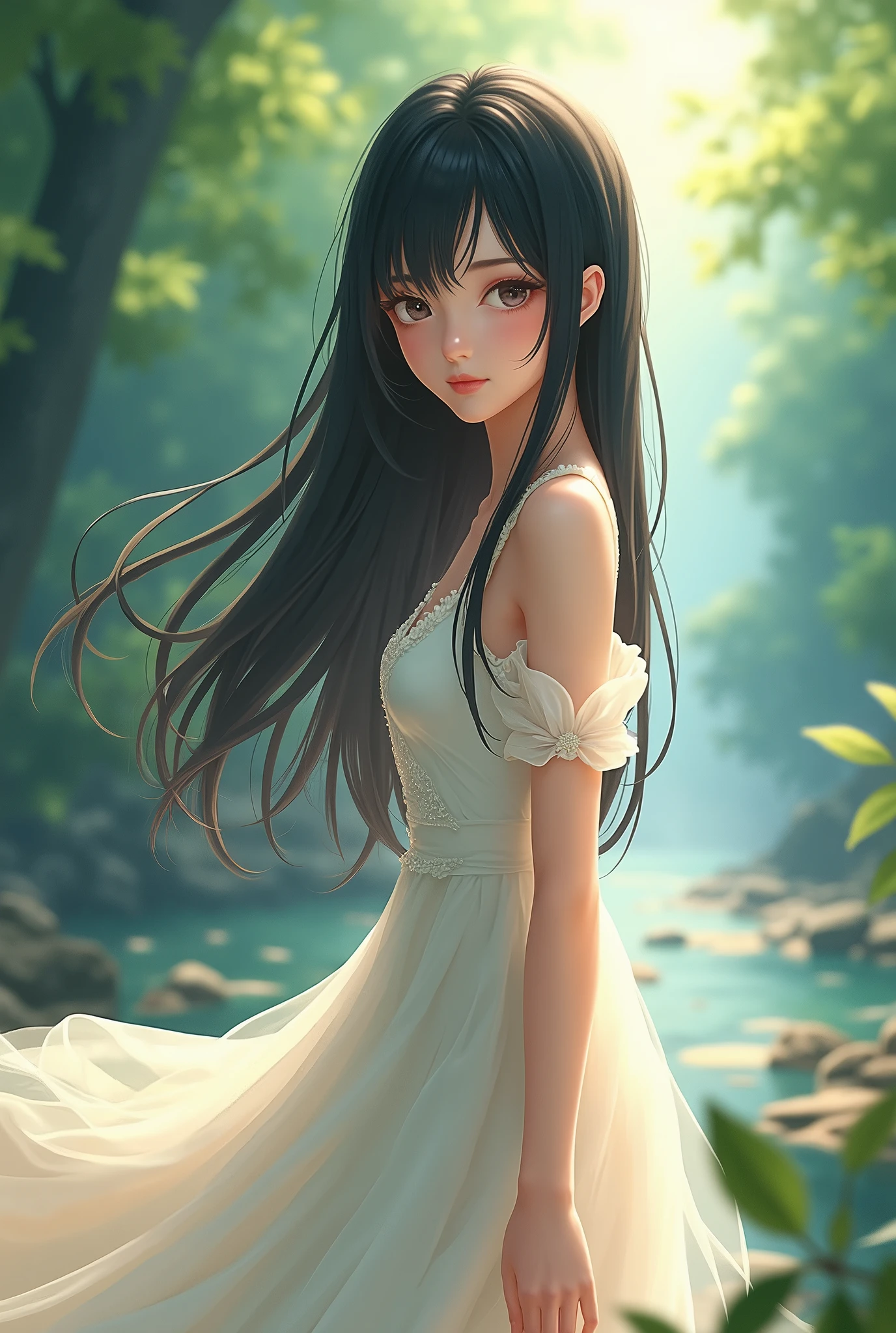 Anime small dress on long straight black hair, Realistic Background,