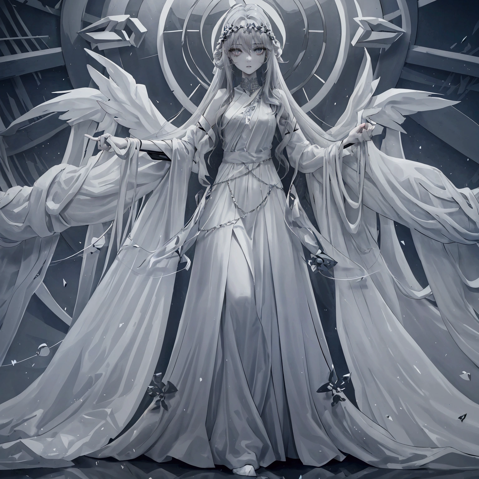 white skin. Gray eyes. Long straight hair. Hair tip gray gradation. Long hair. Both arms gray metal jewelry. Hand feet translucent. Hood. White Greek dress. Dress tip gray gradation. Gray metal flower crown. Halo. Gray halo. Goddess. Sacred. Gray aurora. High definition.