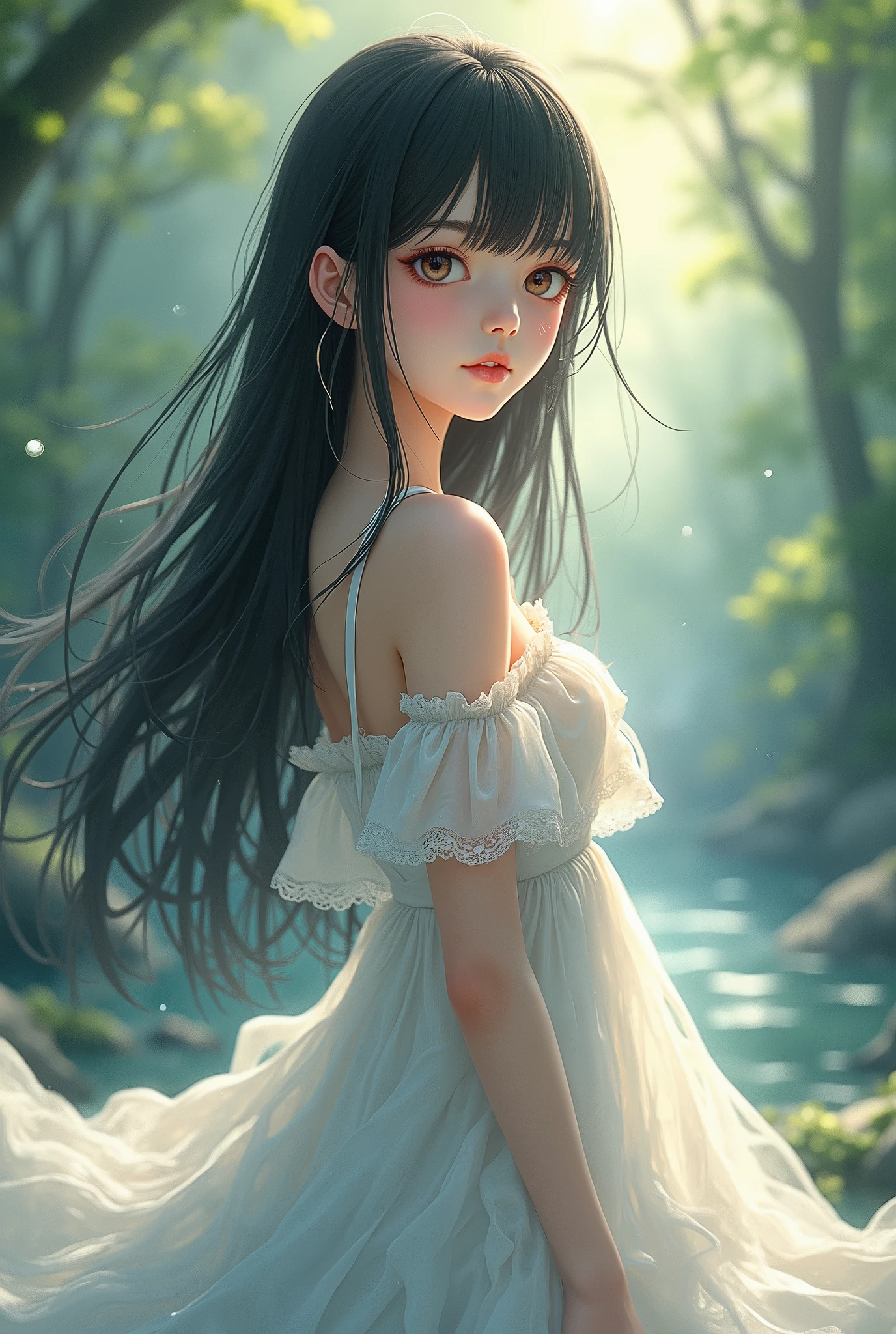 Anime small dress on long straight black hair, Realistic Background,