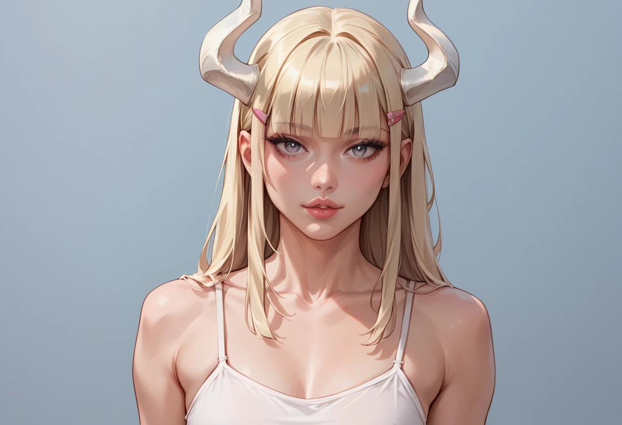 lips, thin lips, solo, looking at viewer, camisole, upper body, dark, underlightling, masterpiece, best quality, very aesthetic,

full body,  hips, 1 girl, adult woman,  Alone, g0ld3mb, air, (platinum blonde hair) hair, hime cut, (kawaii hair clips:1.2)     HIGH QUALITY,  better quality, high resolution, high detail, (airen aura magic), hair uplifted, Horns