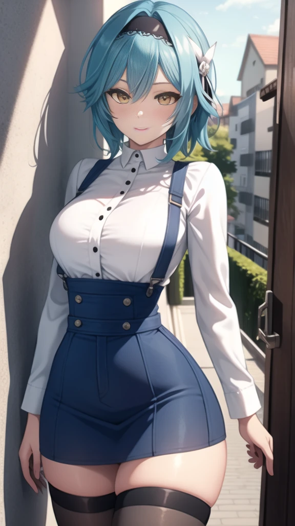 absurd,  High Resolution,  Height Detailed , ( official art ,  are beautiful and aesthetic :1.2),  Super detailed ,  Beautiful Face , ((成熟的woman)), woman, EU , black Hairband, Blue Hair, Hair accessories, Hairband, Short hair,  yellow eyes ,  blush,  Loving Smile , Wide hips,  thick thighs , Rift, ((Long-sleeved shirt)) and ((High waist skirt)), Overalls,  black stockings , (( Seductive Posture )), (Apartment balcony ), Dynamic Lighting, Dynamic Shadows, ((fit)), (( against the wall ))