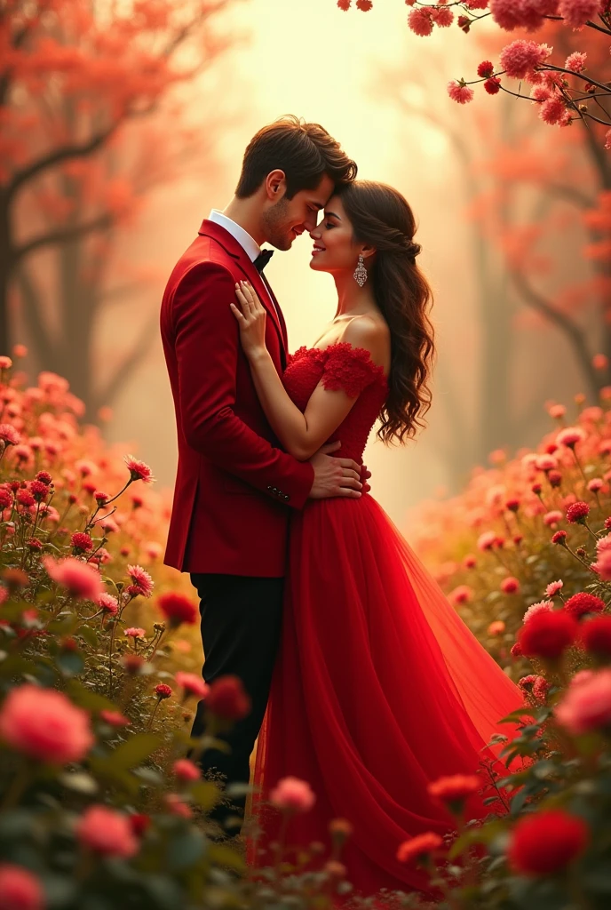 Una pareja con ropa roja sentados mirando el atardecer encima de una casa de campo