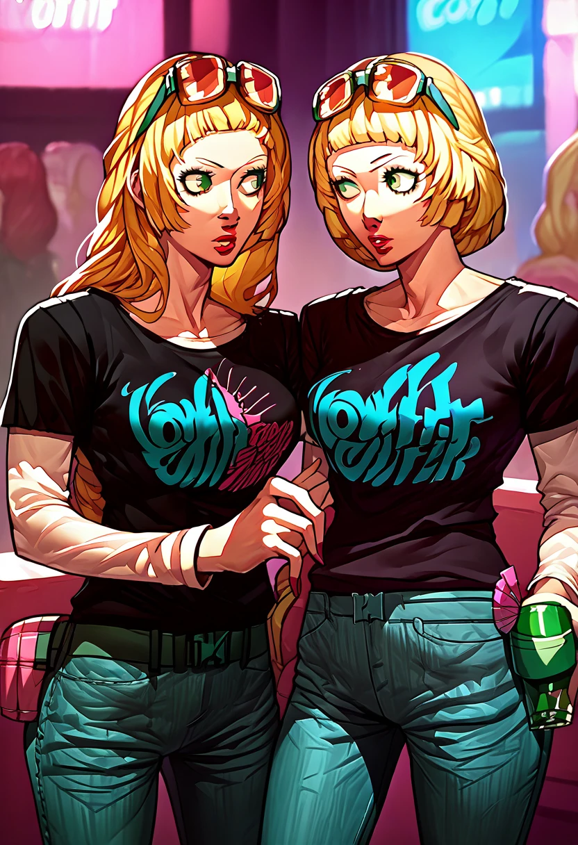 2 girls, sunglasses on head, lipstick, black t-shirt, clothes writing, layered sleeves, large breasts, jeans, Ingrid Brandl Galatea, Dorothea Arnault, green eyes