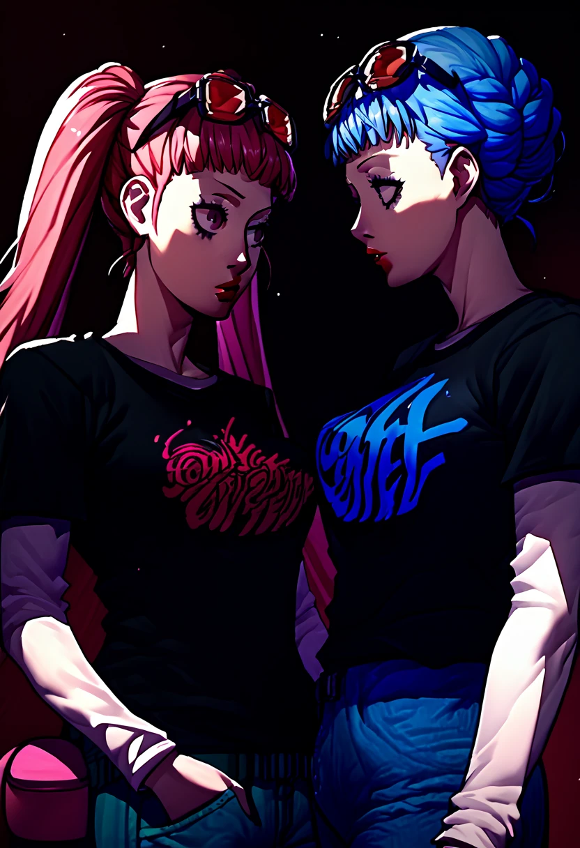 2 girls, sunglasses on head, lipstick, black t-shirt, clothes writing, layered sleeves, large breasts, jeans, Hilda Valentine Goneril, twintails, Marianne von Edmund,