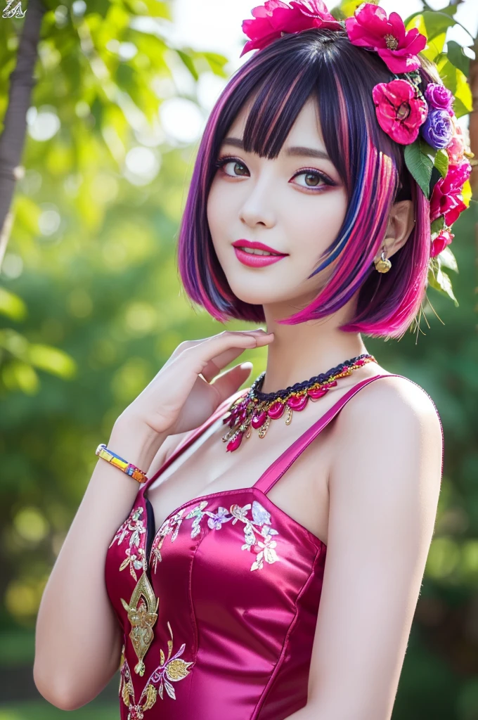 (masterpiece:1.4), (best quality:1.4), ultra high res, ultra high resolution, ((ultra detailed facial features)), HDR, (realistic, photorealistic, photo-realistic:1.37), full body Esbian, sexy Thai model, (-anime), vivid colors, ((vivid colors multicolor (fuchsia, pink, light blue, purple) very short hair)), (seductive smile), ultra detailed metallic makeup, lip-gloss, long lashes, defined eyebrows, wearing large sparkling colorful jewelery, wearing a red silk Paradise Kiss cosplay dress with black floral embroidery, ((vivid colors outfit)), vivid colors, look at the camera, cinematic light, large park background with trees, sweet and sexy pose