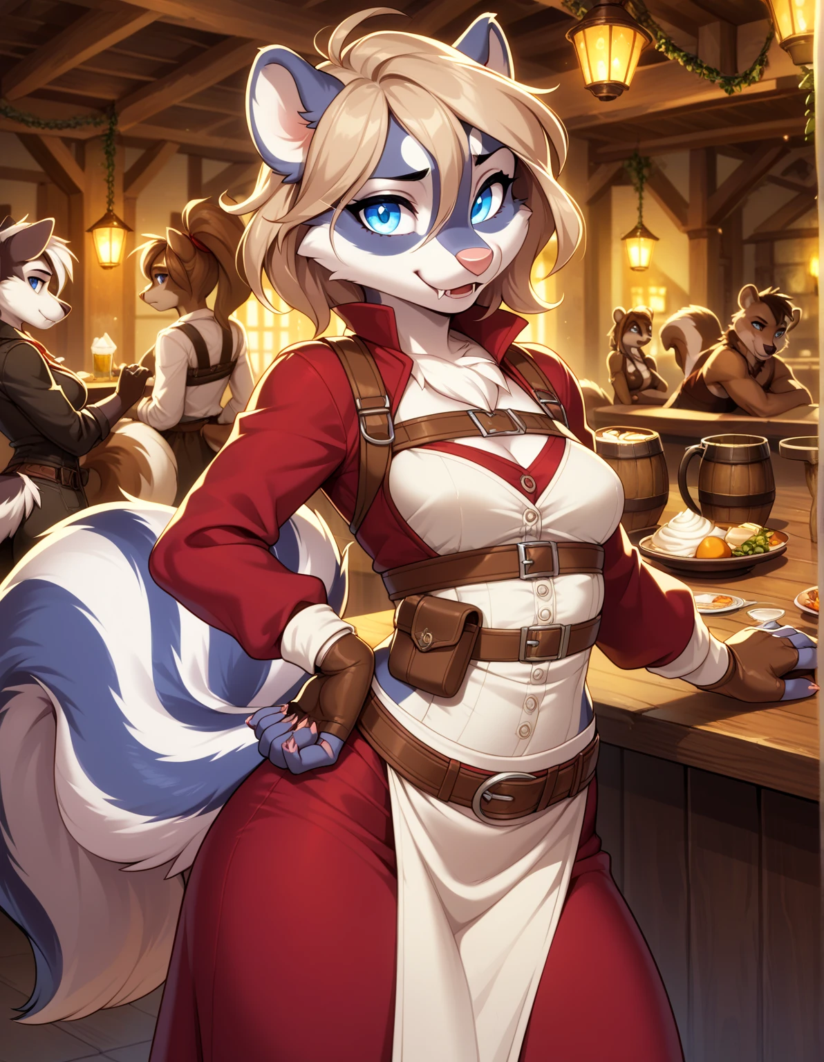 1girl, tail, furry, animal_ears,glowing blue_eyes, brown_hair, belt, looking_at_viewer, furry_female, gloves, skunk_tail, sad smile, skunk_ears, fingerless_gloves, hair_between_eyes,long skirt, hand_on_hip, snout, breasts, pouch, brown_gloves, cream white corset, skunk_girl, fangs, medium_hair, long_sleeves, small_breasts, brown_belt, artist_name, tavern outfit