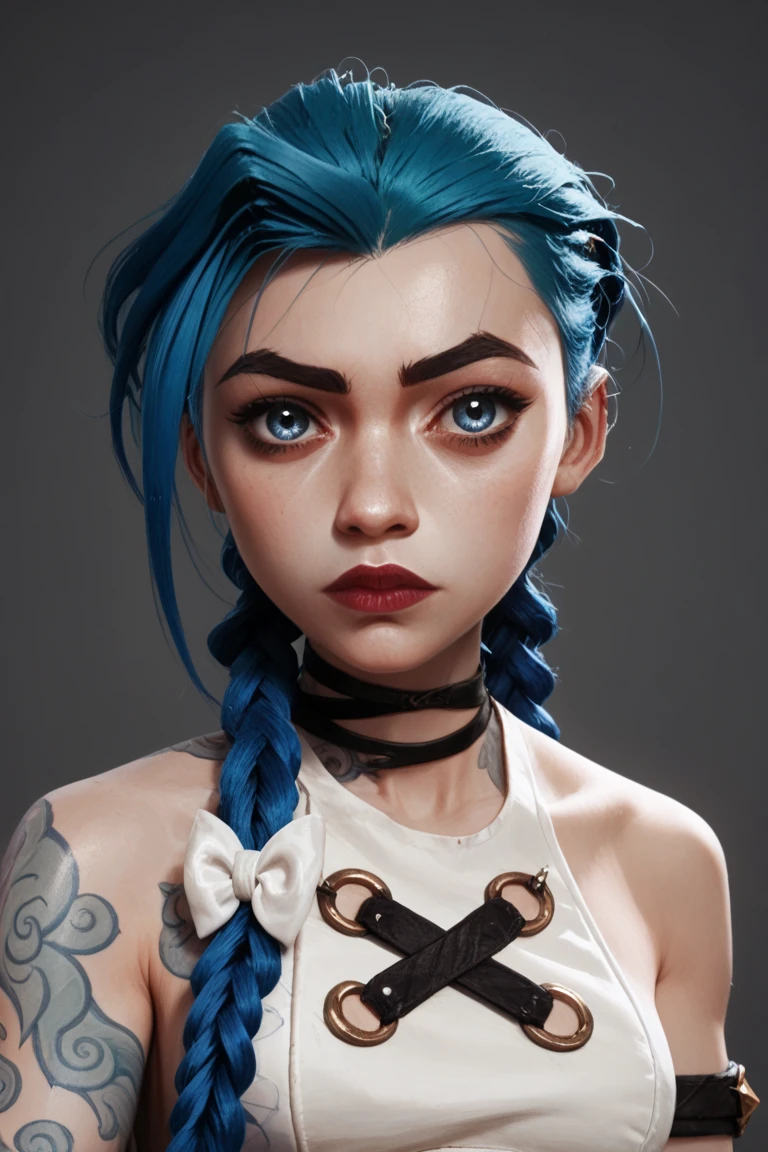 1 girl, Alone,  long hair, parts, Braid, gray background, tattoo, arm tattoo, choker, by the blue,  artist name, hair bow, bow,  alternative costume , Blue eyes, clavicle,  bare shoulders, white bow,  black choker , twin Braids, white dress, dress,  upper body , drilling, shoulder tattoo,  Closed mouth ,  asymmetric bangs,  character name , breasts, , Gafe ( League of Legends ), S1 _ Dram , zPDXL3, detailxl,   score_, Imagen de cuerpo completo 