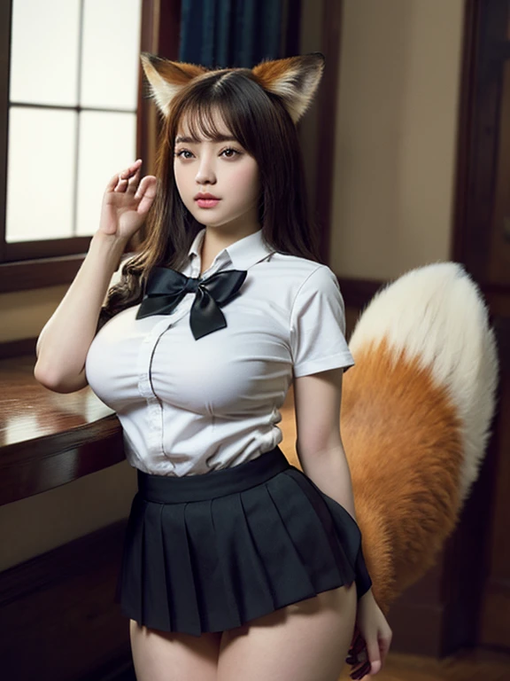 ((Highest quality, 8k)), ((masterpiece)), (Highest Resolution), Perfect Face, Fox Girl, high school girl, Beautiful woman, public, One tail, she has thick thighs, Big tail, She has a fluffy fox tail, She wags her tail, smile, Fur collar, She is wearing a short skirt, Beautiful Hips , Big Breasts, The skirt is rolled up at her tail, On all fours