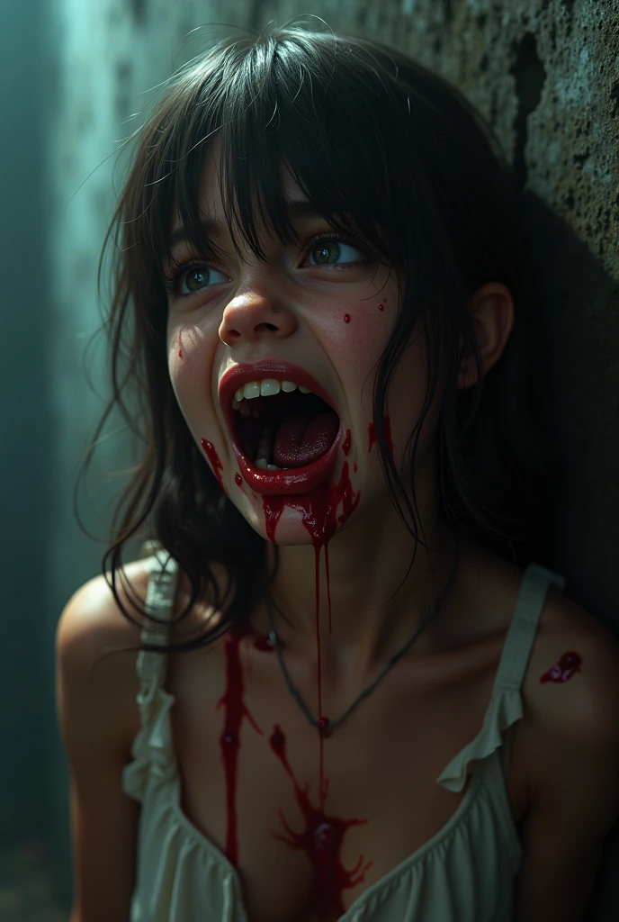 Dead girl emerging from hole in the ground with bloodied body, 19 years old, pale-skin, cabello ?????, Ojos blanquecinos y saltones, angry expression, charco sangriento, vestido ensangrentado, vestido rasgado sucio, dirty dark basement full of garbage, oscuridad, diente, niebla, horripilante, UHD, Detalles altos, La mejor calidad, Altas Resoluciones, 8k