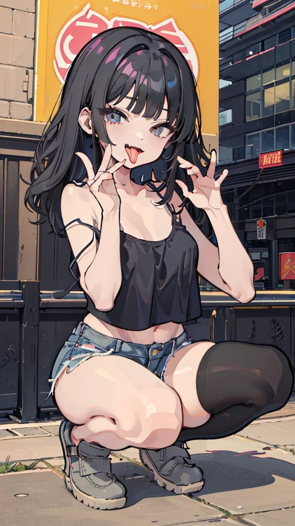 ((masterpiece、Best Quality、 very detailed))、 one girl playing pranks、Black Hair、medium hair、(( wavy hair in front of the station))、blunt bangs、Grey Eyes、evil smile、((open mouth))、((tongue licking))、 small breasts、((camisole))、denim short shorts))、thighhighs、shoes、squatting、Fellatio gesture、Alley Background