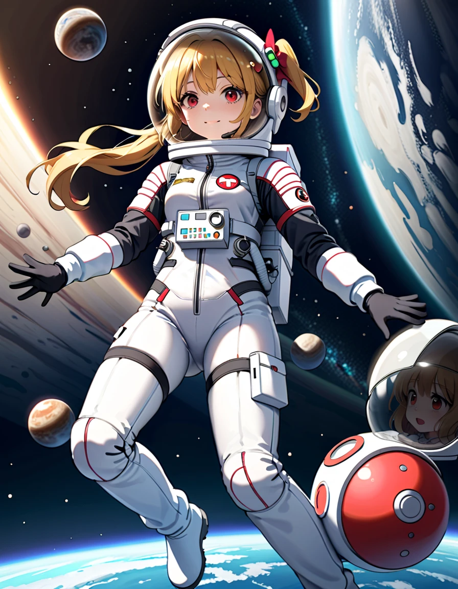 (Space suit:1.15),  White Sweatpants  , astronaut)bubble helmet, space helmet, Gloves , looking closely at you  , Outer Space, floating, masterpiece,  top quality , 1girl, beautiful, solo  ,Flower N ,  Fland Scarlett, Change, small, Slim, child,young,younger female, (blond:1.2),  Side ponytail , red eyes, hair bow,  Red Bow,  hair between eyebrows ,  Longitudinal pupil , white tiara,difficulty breathing, Smile, wave, fullbody