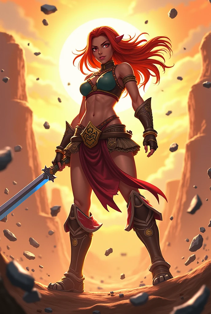 (masterpiece, best quality, high resolution, ((full body, standing,))((huge breasts)) woman, 1 magical warrior, powerful looking, with very shaggy red hair tied in a long braid, full body magical warrior armor flaming sword in hands,((full body,dark skin))