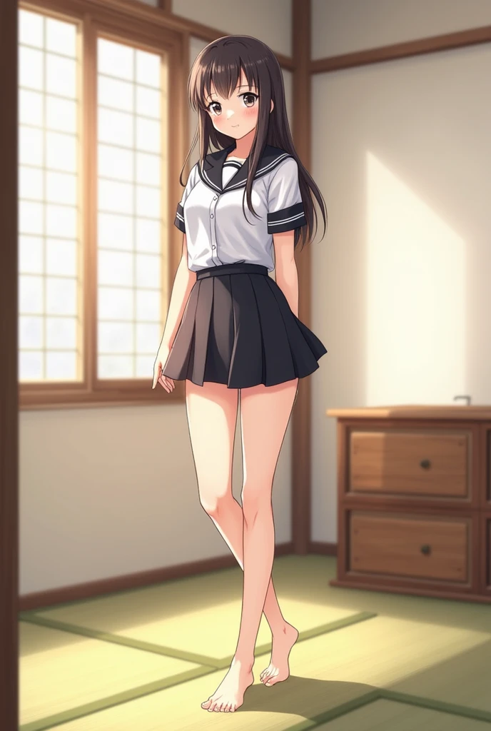 masterpiece, maple pines, Brown hair, long hair, hair band, flat chest, smile, Braces, Sweater, skirt, shoes, star print, hands on hips, in room, panties, pantyshot