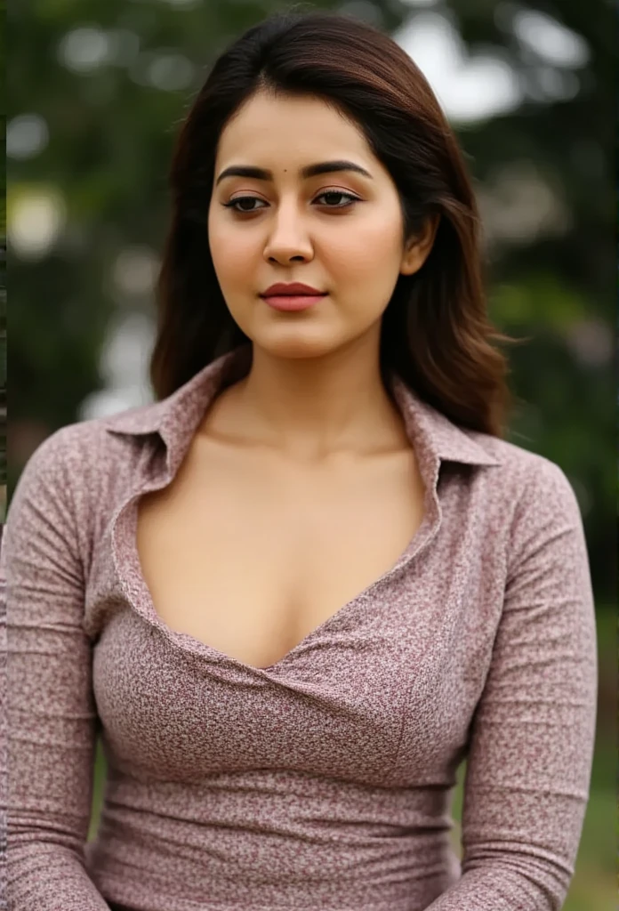 a woman wearing an open shirt with a deep plunging neckline, extremely detailed, beautiful face, striking eyes, luscious lips, intricate fabric texture, cinched waist, graceful pose, dramatic lighting, vivid colors, photorealistic, (best quality,4k,8k,highres,masterpiece:1.2),ultra-detailed,(realistic,photorealistic,photo-realistic:1.37)