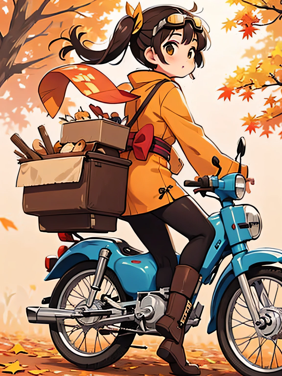 32K，UHD High Definition，  octane rendering，   steampunk，( Ultra-fine: 1.2)，  young girl，  Ride a Super Cub  ，  knight ，cute，Very small physique  ，  thin thighs  ，   small yellow super cub with lots of luggage，  short dress like a kimono，  down jacket  ， Half length twin tail  ，  black hair，goggles，  black boots，Super Cub Details，autumn，autumn leaves，   medium shot from behind   ,