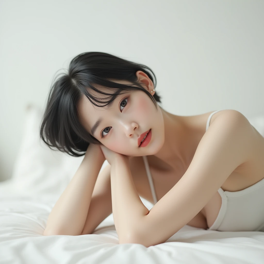 ((Best Quality)), ((masutepiece)), (fullnude、Close up portrait of woman lying in bed、Japan person model、Young sensual gravure idol、Young cute gravure idol、Realistic young gravure idol、Realistic sensual gravure idol、Young gravure idols、sophisticated gravure idol、奈良美智、Young skinny gravure idol、beautifull asian girl ever(Ultra-detailed)), (Illustration), (Detailed light), (extremely delicate and beautiful), dramatic perspective,Charming girl,Lucif swimsuit,Mare,Mare,Skysky,seagulls