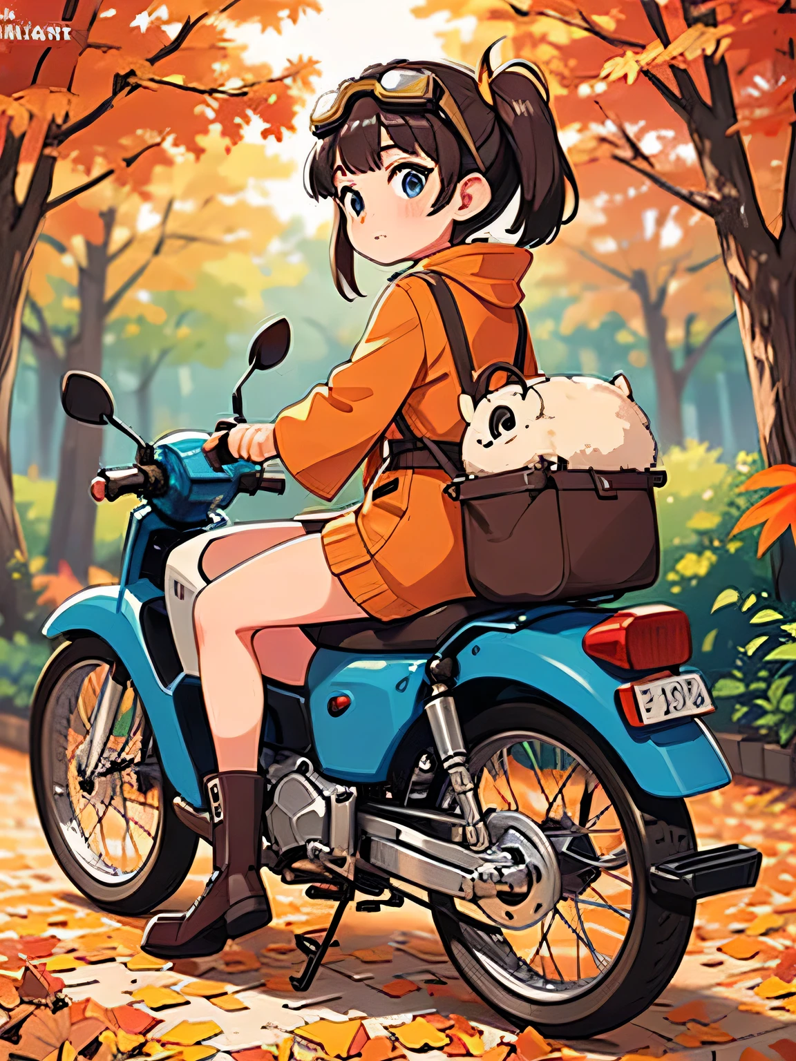 32K，UHD High Definition，  octane rendering，   steampunk，( Ultra-fine: 1.2)，  young girl，  Ride a Super Cub  ，  knight ，cute，Very small physique  ，  thin thighs  ，   small yellow super cub with lots of luggage，  short dress like a kimono，  down jacket  ， Half length twin tail  ，  black hair，goggles，  black boots，Super Cub Details，autumn，autumn leaves，   medium shot from behind   ,