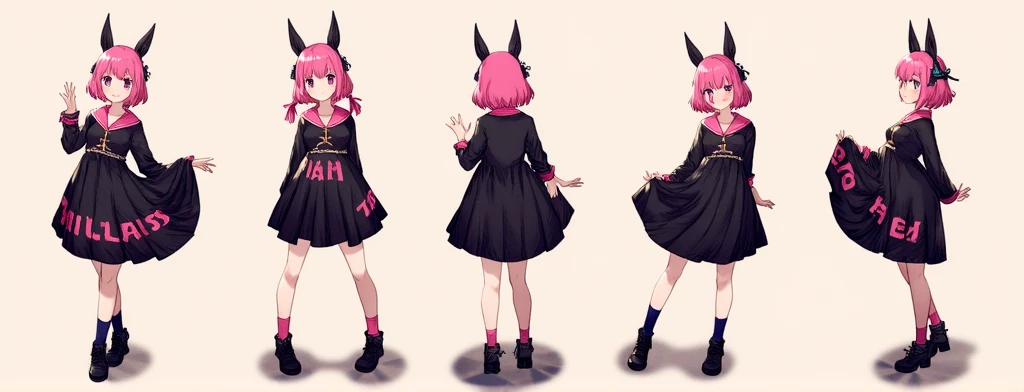 Anime girl (ethnicity:1.1), (age:1.1), wearing a black oversized dress with pink lettering, black cat ears (accessories:1.1),  black shoes, and dark blue socks, (detailed clothing:1.2),  (facial features:1.3): large eyes, slight blush, pink hair, (expression:1.2), neutral expression, (body type:1.1) slender, (pose:1.2) standing, legs apart, Have a chain that covers your chest and back as an accessory, slightly gesturing with one hand, center frame, facing forward, full body shot, clean lines, soft shading, light beige background, digital painting style, anime art style, vibrant colors,  soft lighting.

I also want you to make it into the following poses From the front, three quarters, from the back, from the side, plus there is a section where you can see the character's face with different expressions such as Happy, sad, angry, serious, bright eyes, crazy