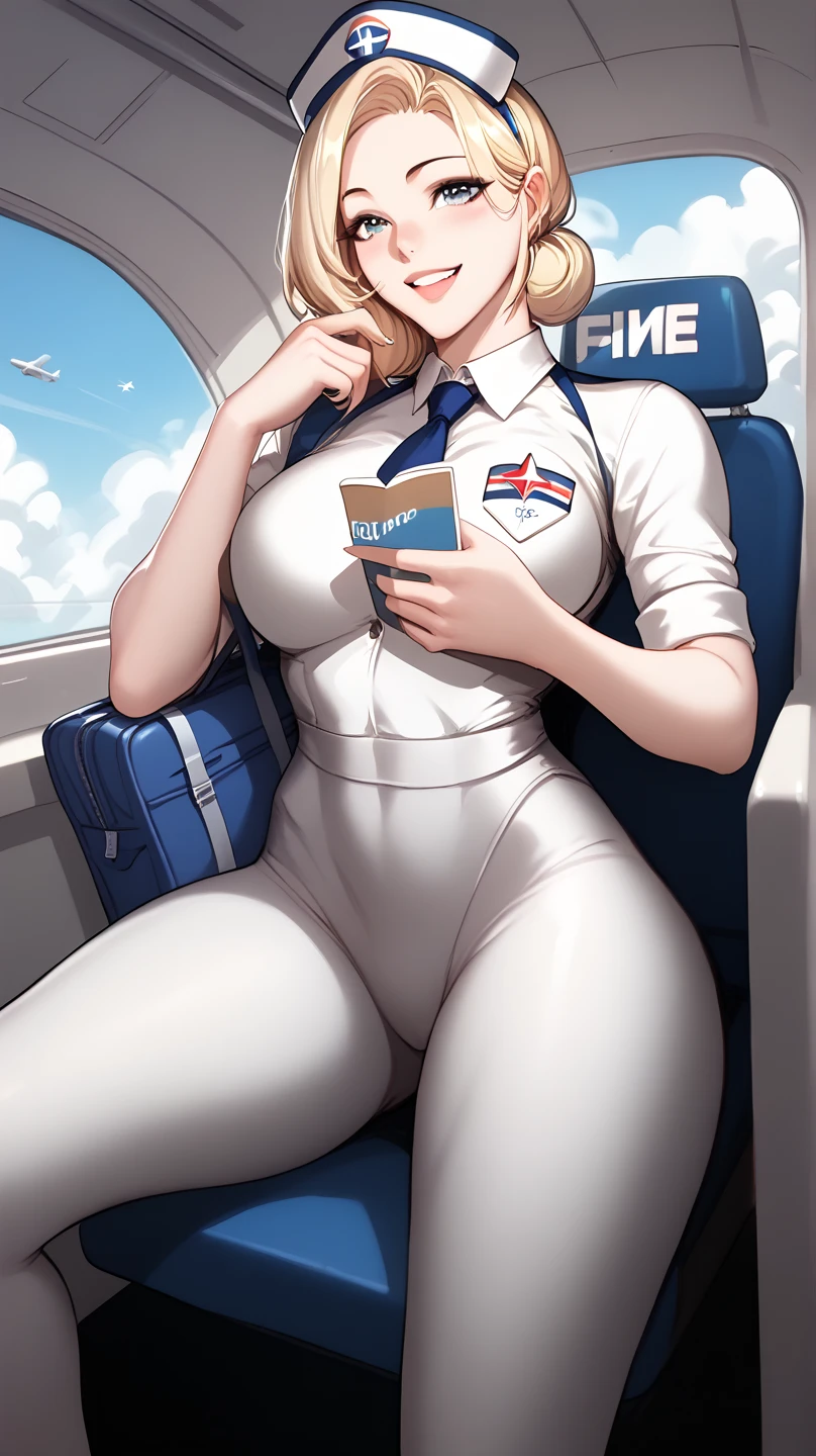 A beautiful female airplane hostess, blonde hair, inside the plane, greet with a smile