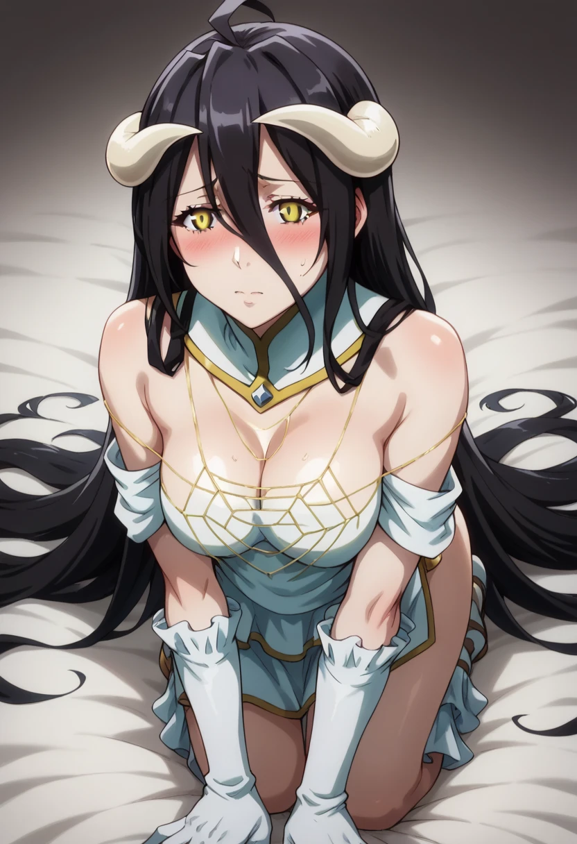 Albedo the Overlord, detailed black hair, detailed eyes, attractive look, Shy, blush rosa, sculptural body , big ass, perfect breasts , perfect detailed body , sorriso sexy, pose on all fours, without clothes, tilted looking at the spectator