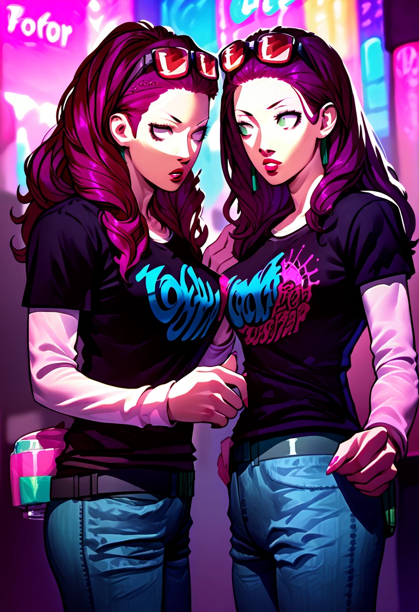 2 girls, sunglasses on head, lipstick, black t-shirt, clothes writing, layered sleeves, large breasts, jeans, Dorothea Arnault, Petra Macneary