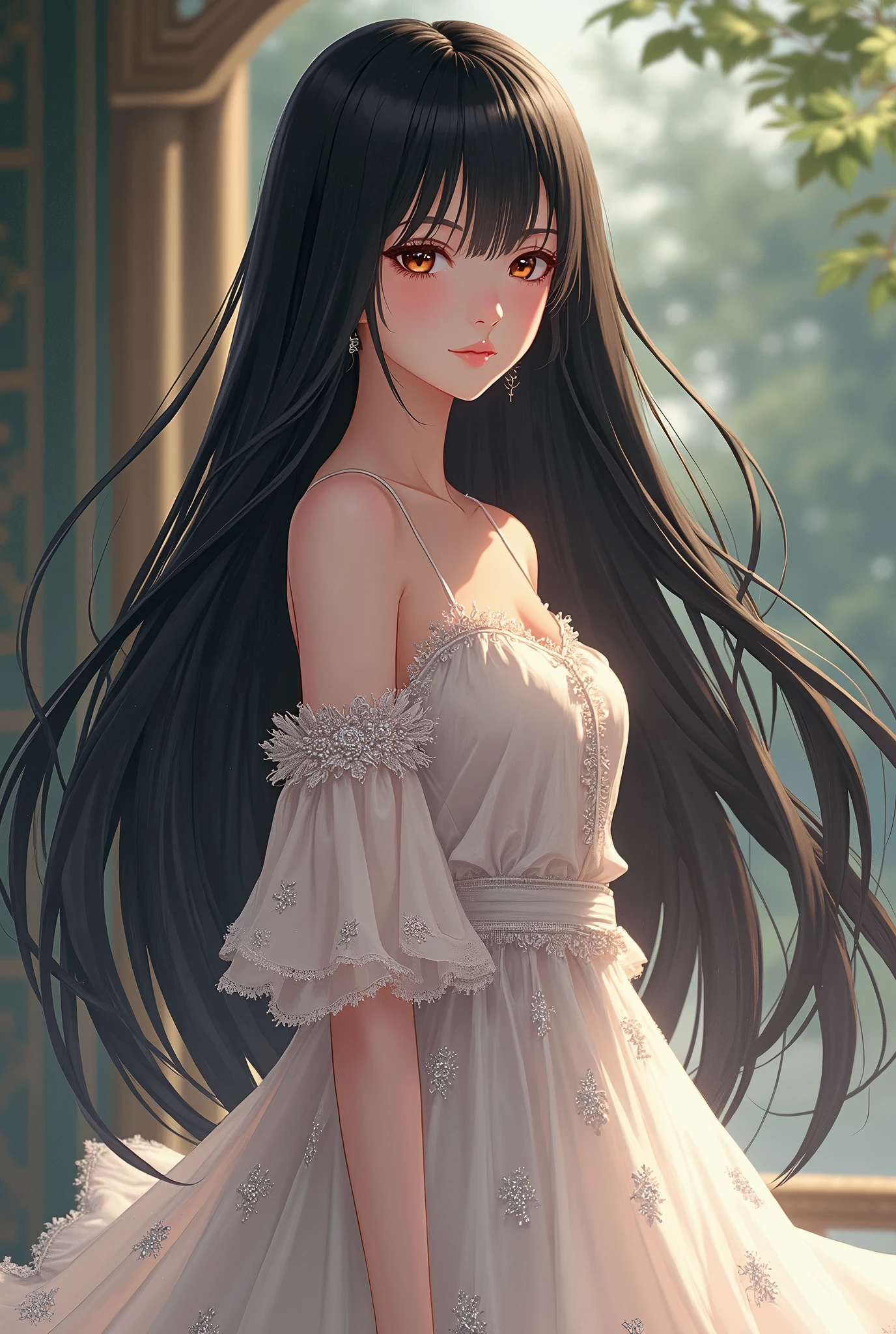 anime art small dress on long straight black hair, Realistic Background,