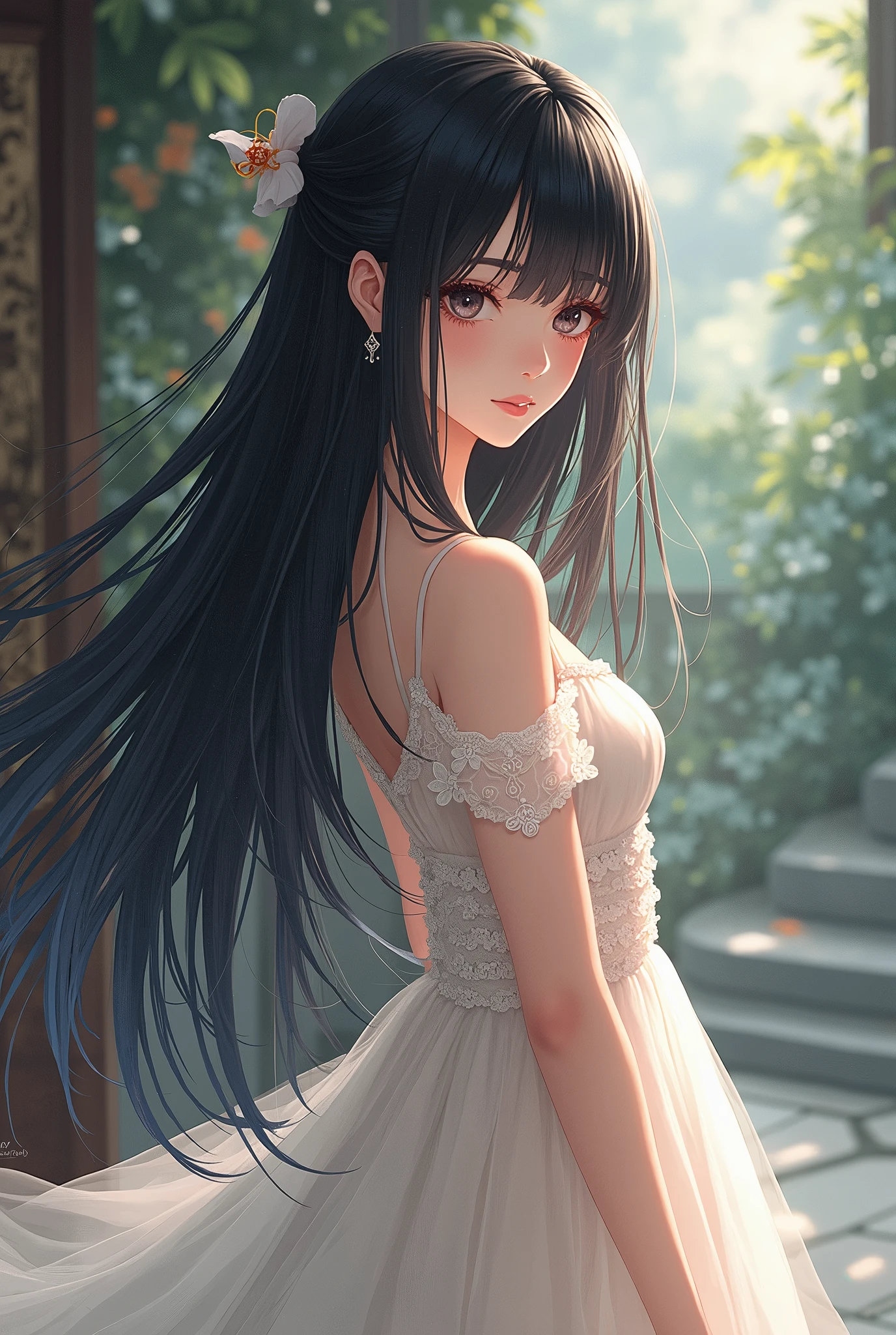 anime art small dress on long straight black hair, Realistic Background,